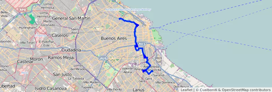 Mapa del recorrido R1 Palermo-Avellaneda de la línea 95 en Argentina.