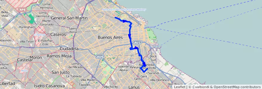 Mapa del recorrido R1 Palermo-Avellaneda de la línea 95 en Arjantin.
