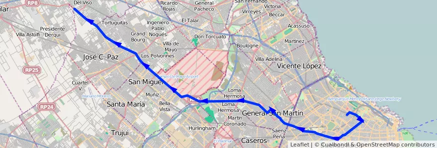 Mapa del recorrido R1 Palermo-C.del Senor de la línea 57 en Arjantin.