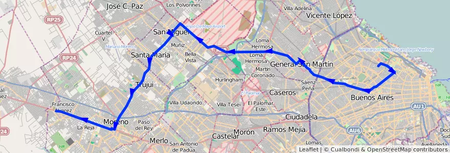 Mapa del recorrido R1 Palermo-Mercedes de la línea 57 en Argentina.