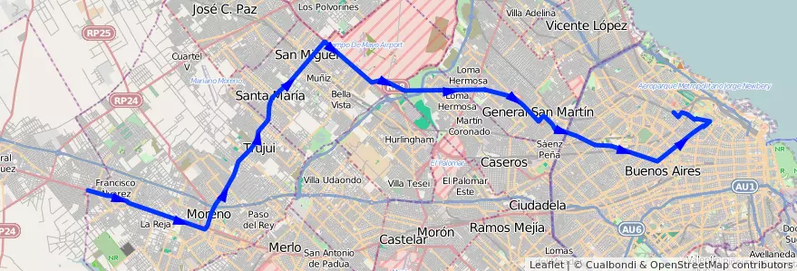 Mapa del recorrido R1 Palermo-Mercedes de la línea 57 en Argentina.