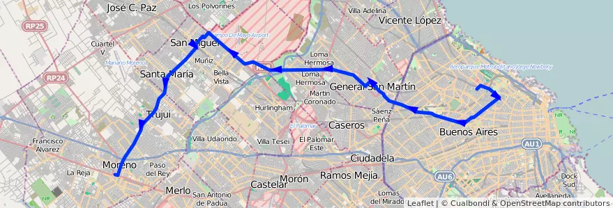 Mapa del recorrido Ramal 1 Moreno de la línea 57 en Аргентина.