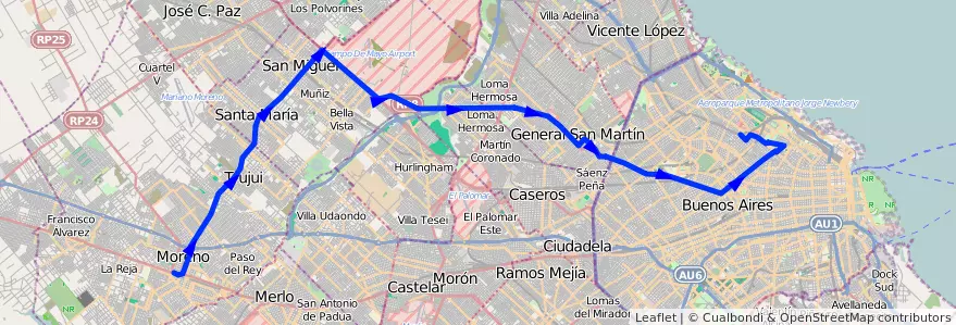 Mapa del recorrido Ramal 1 Moreno de la línea 57 en Аргентина.