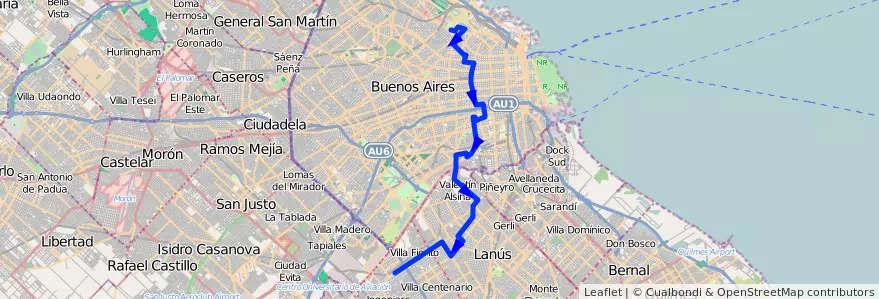 Mapa del recorrido R1 P.Italia-Budge de la línea 188 en Аргентина.