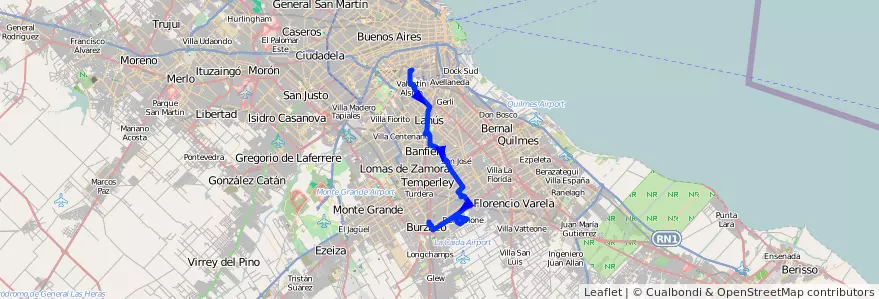 Mapa del recorrido R1 Pompeya-Burzaco de la línea 177 en استان بوئنوس آیرس.