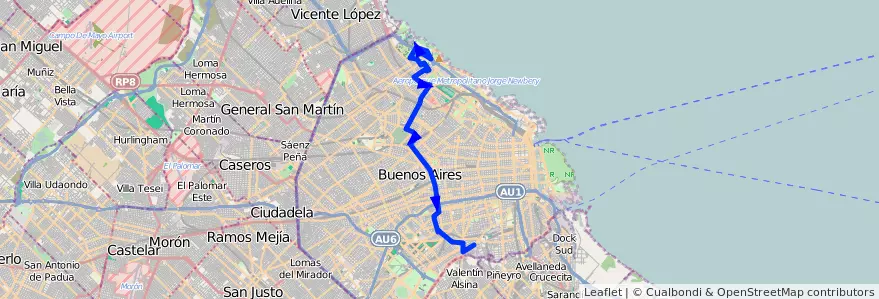 Mapa del recorrido R1 Pompeya-Cdad.Univ. de la línea 42 en Буэнос-Айрес.