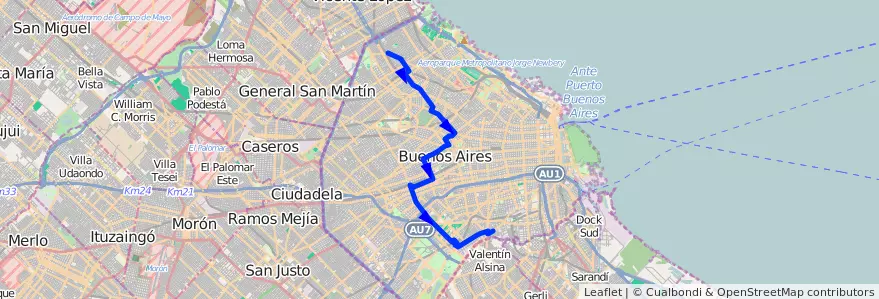Mapa del recorrido Ramal A x Av. F. de la Cruz de la línea 76 en Autonomous City of Buenos Aires.