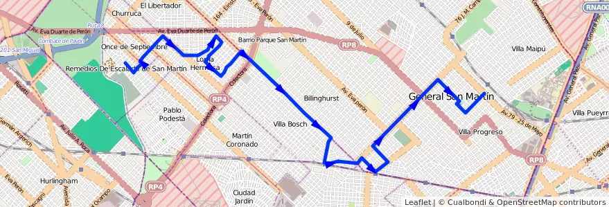 Mapa del recorrido R1 P.Podesta-S.Martin de la línea 328 en Buenos Aires.