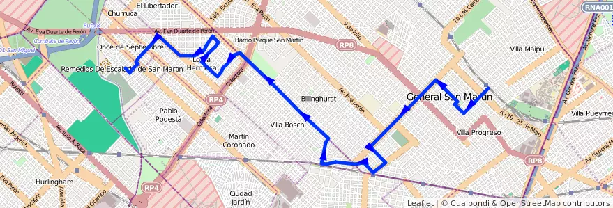 Mapa del recorrido R1 P.Podesta-S.Martin de la línea 328 en 布宜诺斯艾利斯省.