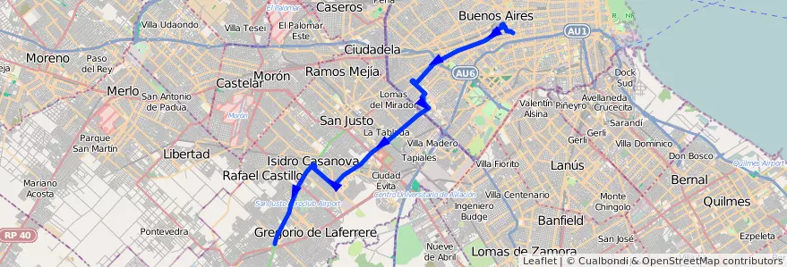 Mapa del recorrido R1 Pra.Junta-G.Catan de la línea 180 en Argentina.