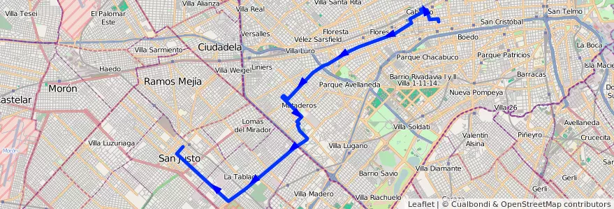Mapa del recorrido R1 Pra.Junta-San Just de la línea 180 en Arjantin.