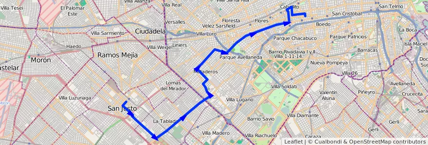 Mapa del recorrido R1 Pra.Junta-San Just de la línea 180 en Argentina.