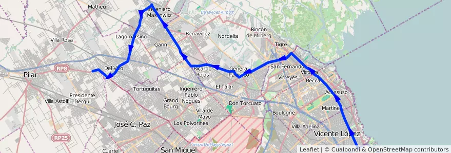 Mapa del recorrido R1 Pte.Saavedra-Pilar de la línea 203 en Provincia di Buenos Aires.