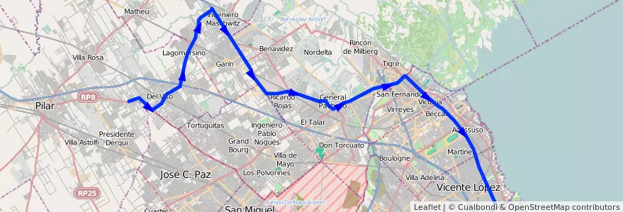 Mapa del recorrido R1 Pte.Saavedra-Pilar de la línea 203 en Buenos Aires.