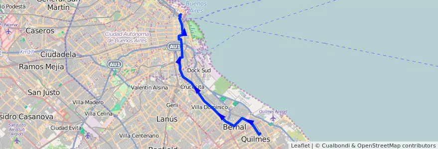 Mapa del recorrido R1 Pto.Nuevo-Quilmes de la línea 22 en Argentina.