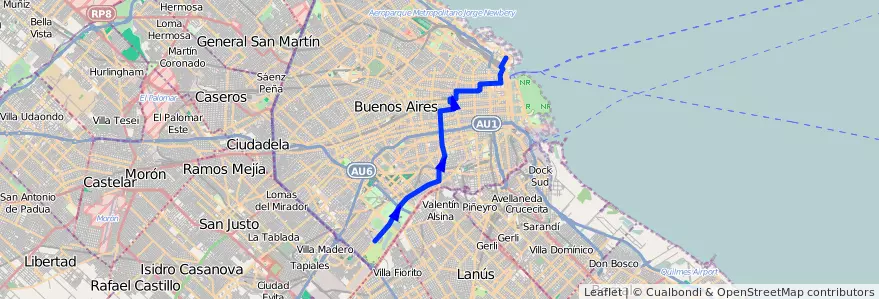 Mapa del recorrido R1 Retiro-B. Gral.Sav de la línea 115 en Ciudad Autónoma de Buenos Aires.