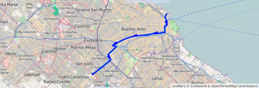 Mapa del recorrido R1 Retiro-La Tablada de la línea 126 en Ciudad Autónoma de Buenos Aires.