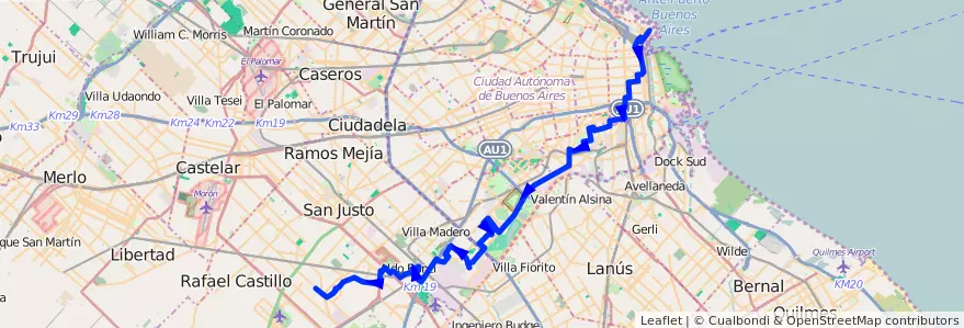 Mapa del recorrido R1 Retiro-Villegas de la línea 91 en Argentina.