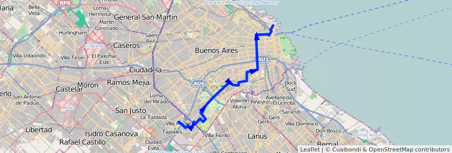 Mapa del recorrido R1 Retiro-V.Madero de la línea 150 en Ciudad Autónoma de Buenos Aires.