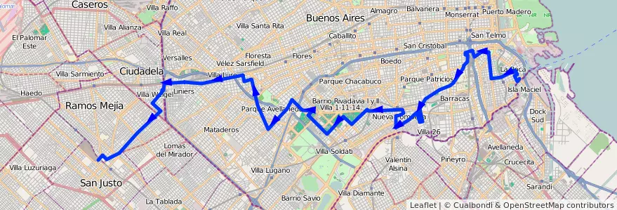 Mapa del recorrido R1 San Justo-La Boca de la línea 46 en Ciudad Autónoma de Buenos Aires.