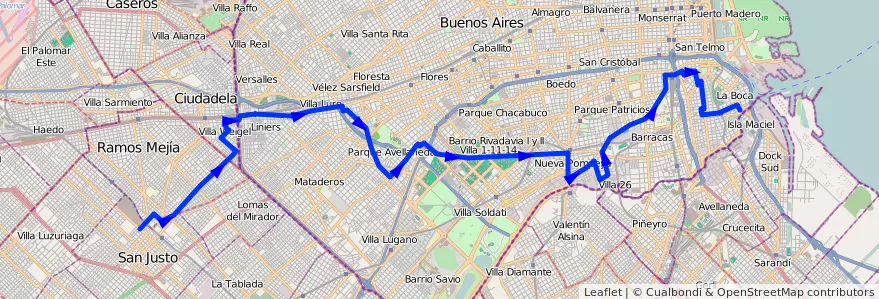 Mapa del recorrido R1 San Justo-La Boca de la línea 46 en Ciudad Autónoma de Buenos Aires.