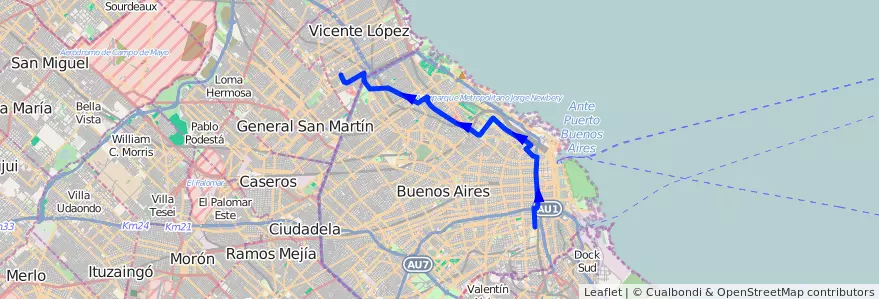 Mapa del recorrido R1 V.Martelli-Barracas de la línea 67 en Argentina.