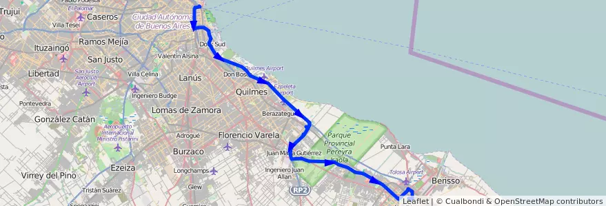 Mapa del recorrido R11 Retiro-La Plata de la línea 129 en Buenos Aires.