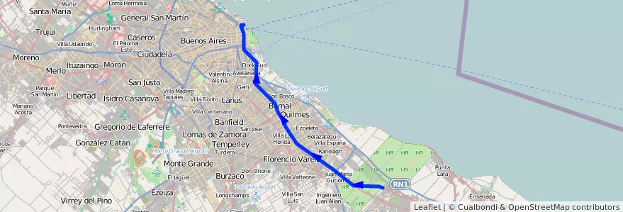 Mapa del recorrido R11 Retiro-La Plata de la línea 129 en استان بوئنوس آیرس.
