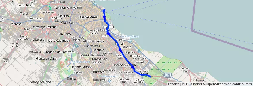 Mapa del recorrido R12 Retiro-La Plata de la línea 129 en Provincia di Buenos Aires.