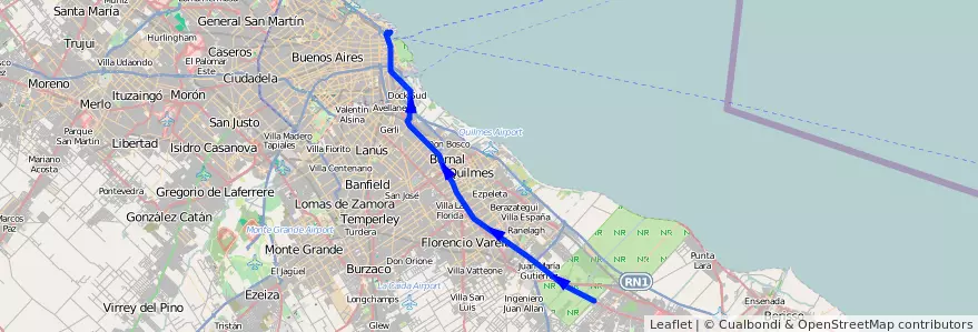Mapa del recorrido R12 Retiro-La Plata de la línea 129 en Buenos Aires.