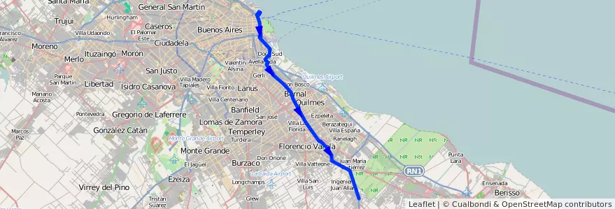 Mapa del recorrido R13 Retiro-La Plata de la línea 129 en Provincia di Buenos Aires.