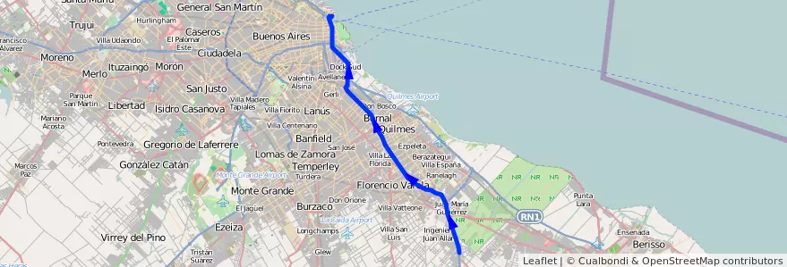 Mapa del recorrido R13 Retiro-La Plata de la línea 129 en Province de Buenos Aires.