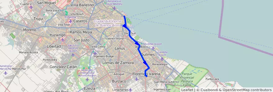 Mapa del recorrido R14 Retiro-F.Varela de la línea 129 en 아르헨티나.
