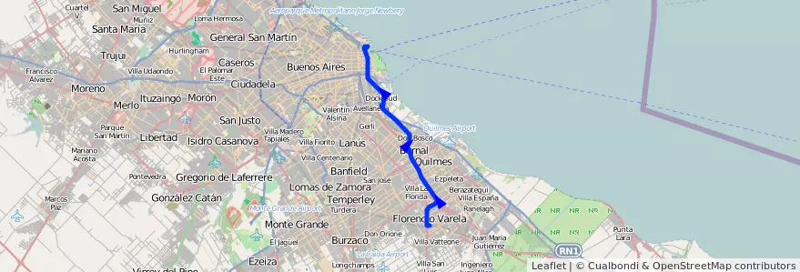 Mapa del recorrido R14 Retiro-F.Varela de la línea 129 en Arjantin.