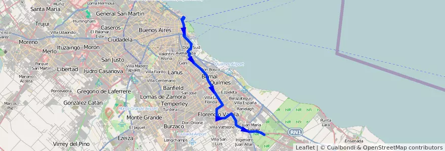 Mapa del recorrido R15 Retiro-F.Varela de la línea 129 en Provincia di Buenos Aires.