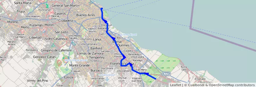 Mapa del recorrido R15 Retiro-F.Varela de la línea 129 en Buenos Aires.