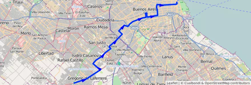 Mapa del recorrido R155 C.Central-G.Cata de la línea 180 en Argentina.