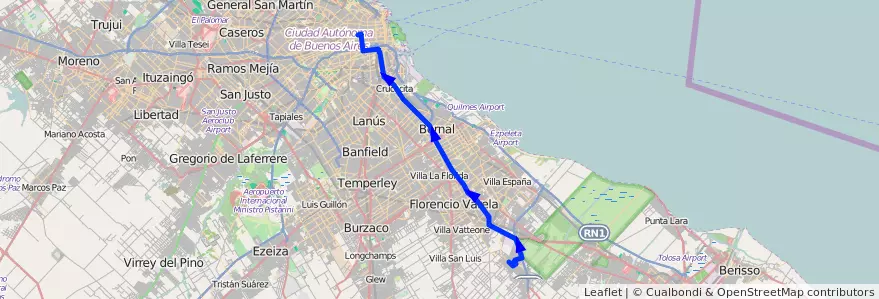 Mapa del recorrido R19 Once-Ing.Allan de la línea 129 en Buenos Aires.