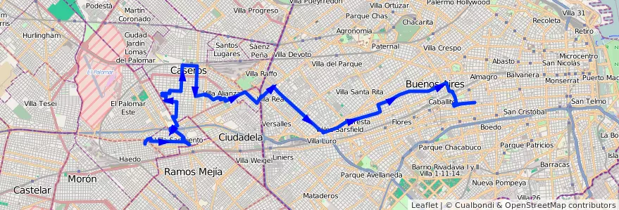 Mapa del recorrido R2 Almagro-R.Mejia de la línea 181 en Argentina.