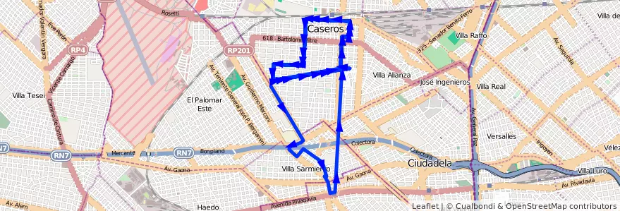 Mapa del recorrido R2 Almagro-R.Mejia de la línea 181 en Provinz Buenos Aires.