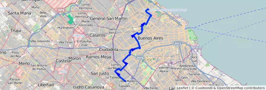 Mapa del recorrido R2 Belgrano-V.Madero de la línea 63 en Arjantin.
