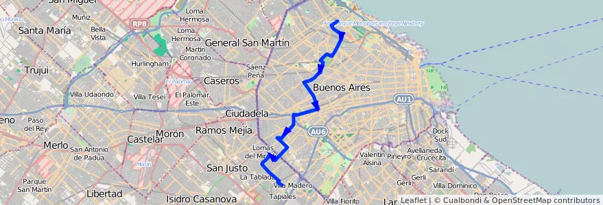 Mapa del recorrido R2 Belgrano-V.Madero de la línea 63 en Arjantin.