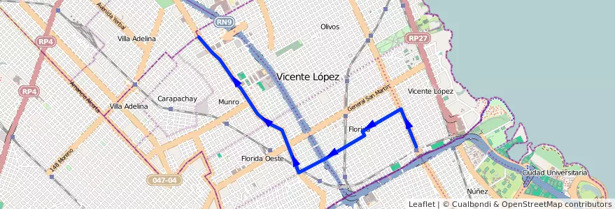 Mapa del recorrido R2 Boulogne-Vte.Lopez de la línea 314 en Vicente López.