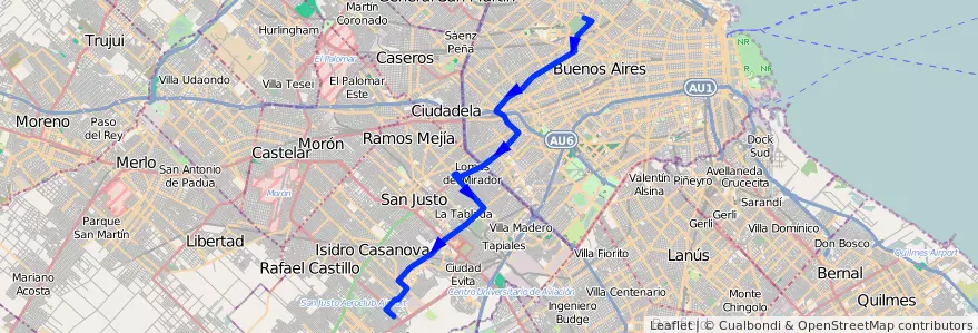 Mapa del recorrido R2 Chacarita-R.Castil de la línea 162 en 阿根廷.
