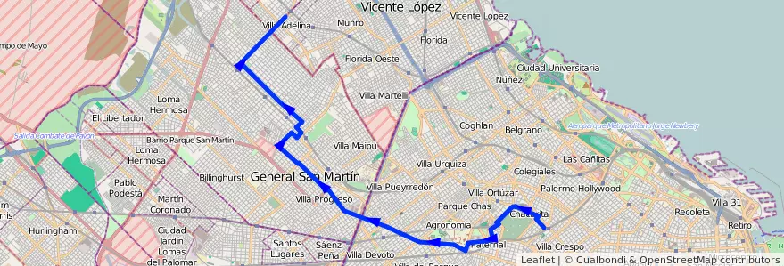 Mapa del recorrido R2 Chacarita-V.Adelina de la línea 78 en Arjantin.