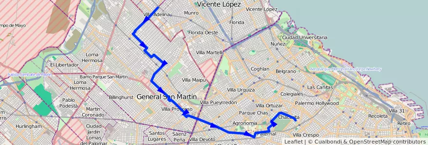 Mapa del recorrido R2 Chacarita-V.Adelina de la línea 78 en Аргентина.