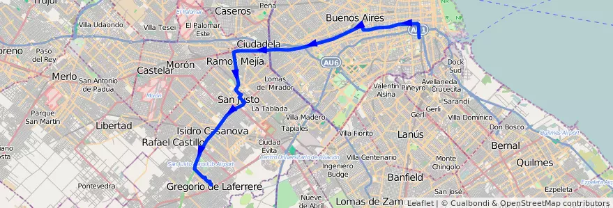 Mapa del recorrido R2 Const.-Laferrere de la línea 96 en 阿根廷.