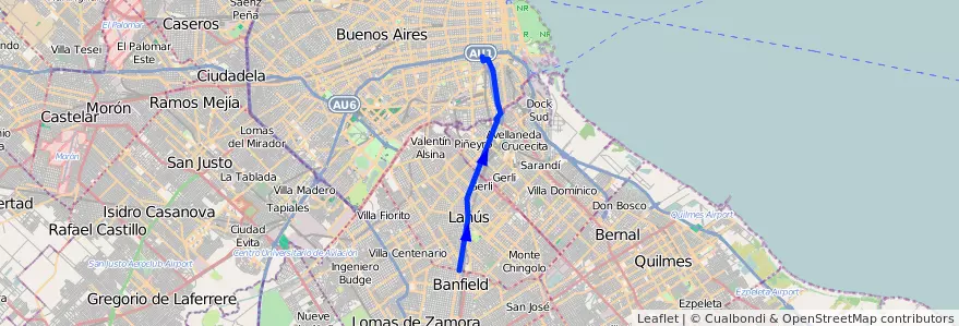 Mapa del recorrido R2 Constitucion-M.Gran de la línea 51 en Argentina.