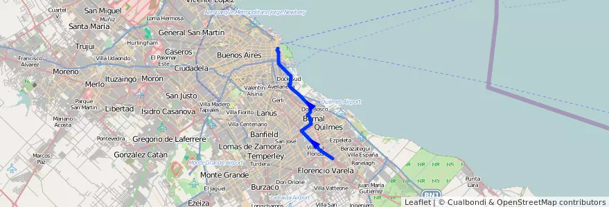 Mapa del recorrido R2 Correo-Berazategui de la línea 159 en Arjantin.