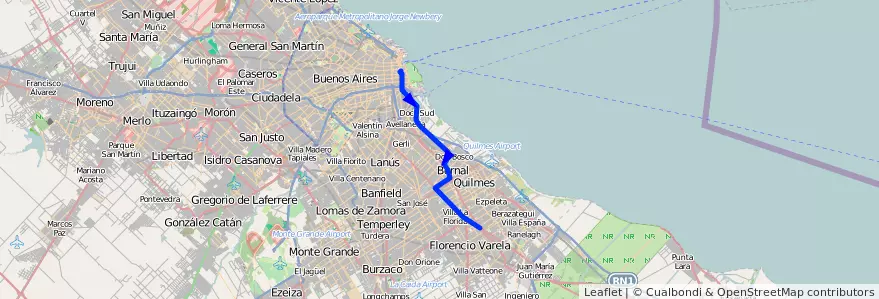 Mapa del recorrido R2 Correo-Berazategui de la línea 159 en Provincia di Buenos Aires.